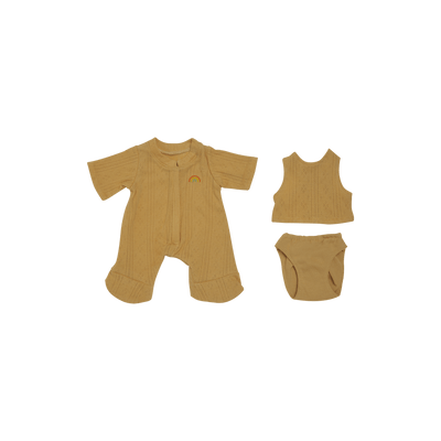 Dinkum Dolls honey pointelle pajama set for a doll, including a short-sleeve footed sleeper, sleeveless top, and matching briefs