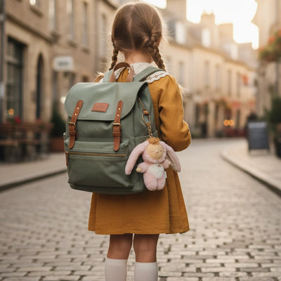 Child wearing a mustard dress and green backpack with a soft pink bunny bag charm featuring long floppy ears on a cobblestone street