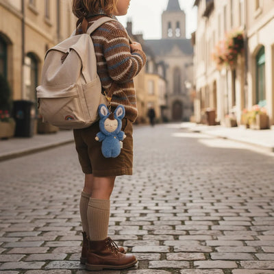 Child wearing a backpack with a blue bunny bag charm clipped to it, walking along a sunlit cobblestone street with European style buildings nearby