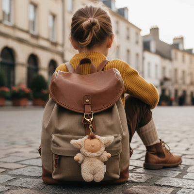 Soft lamb bag charm Lamby Pip hangs from the front pocket of a brown and olive backpack as a person sits in a cobblestone square.