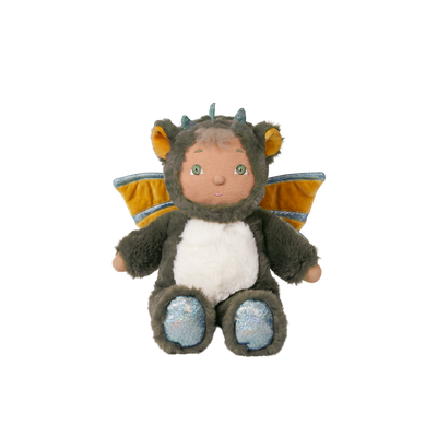 Plush toy dragon with orange wings on a white background