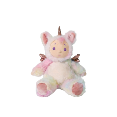 Plush toy unicorn with rainbow fur on a white background