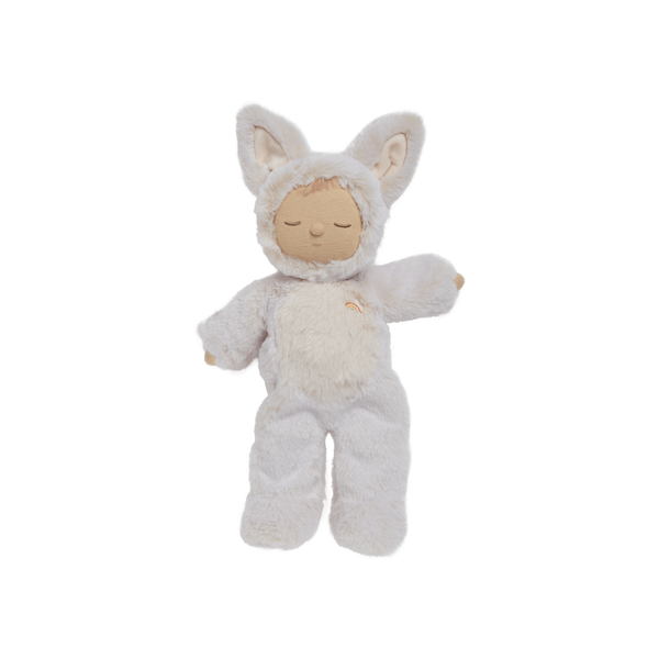 Sleeping white fox plush toy with soft fur, pointed ears, embroidered closed eyes, and outstretched arms from Dozy Dinkums Cozy Dinkums Fenix Fox