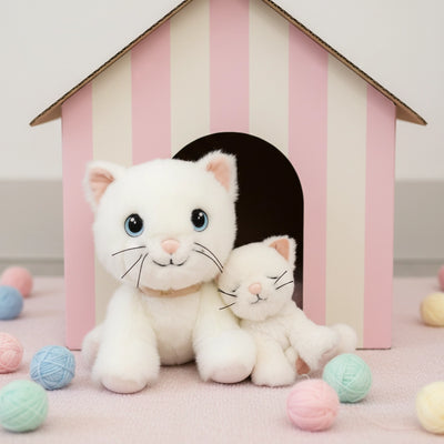 Two white plush kitten toys sit together in a pink striped playhouse surrounded by pastel yarn balls from Dinkum Cats