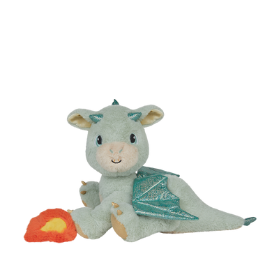 Plush dragon toy with green wings and a red flame on a white background