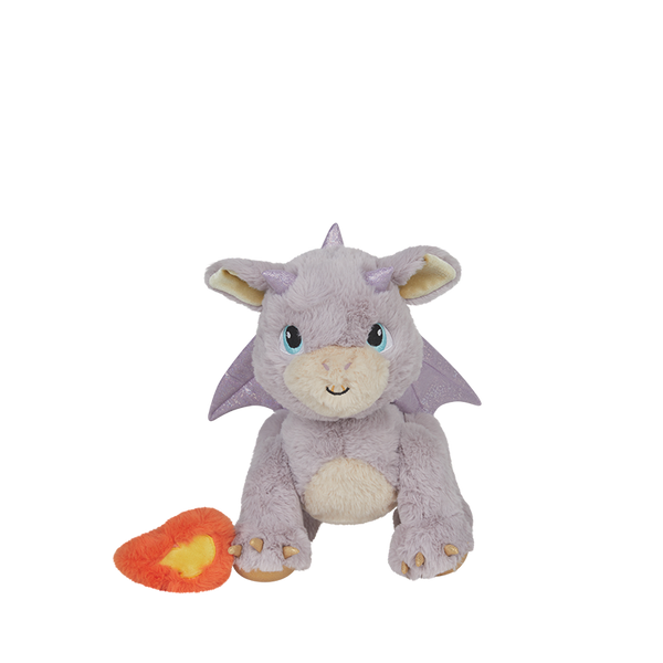 Lavender plush dragon toy with soft wings, cream belly, blue eyes, and an orange flame shaped accessory from Dinkum Unicorns for kids