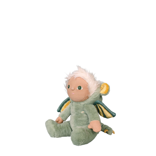 Plush toy resembling a baby dragon on a white background