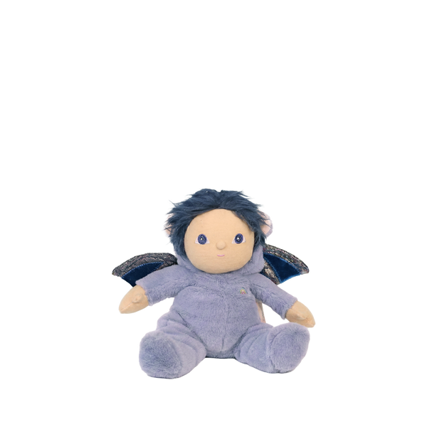 Plush toy with blue hair and wings on a white background