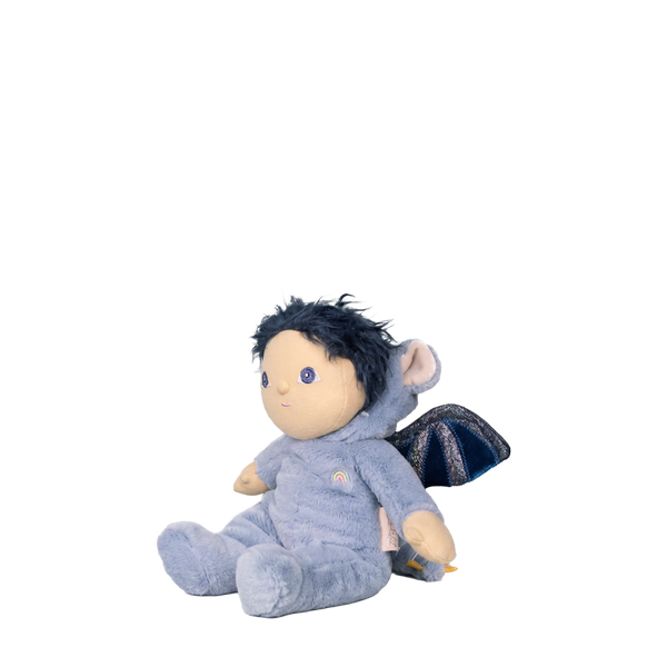 Plush toy with dark hair and butterfly wings on a white background