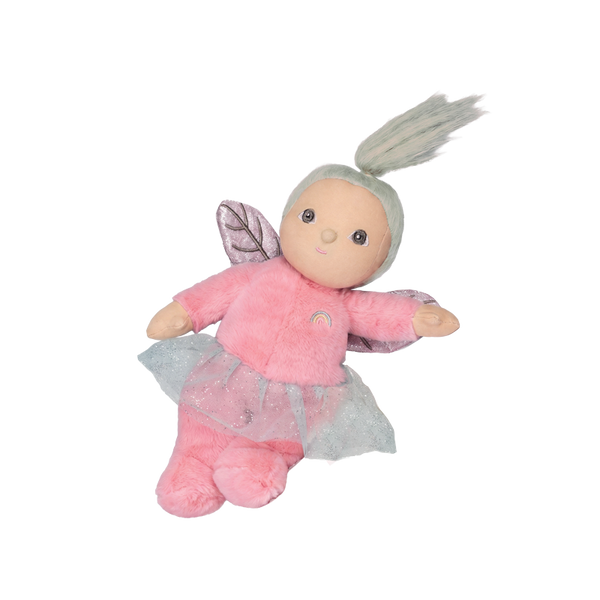 Plush toy fairy with pink outfit and gray wings on a white background