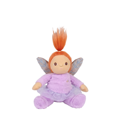 Plush toy fairy with orange hair and purple outfit on a white background