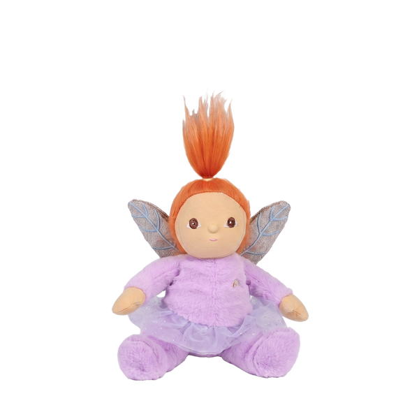 Plush toy fairy with orange hair and purple outfit on a white background
