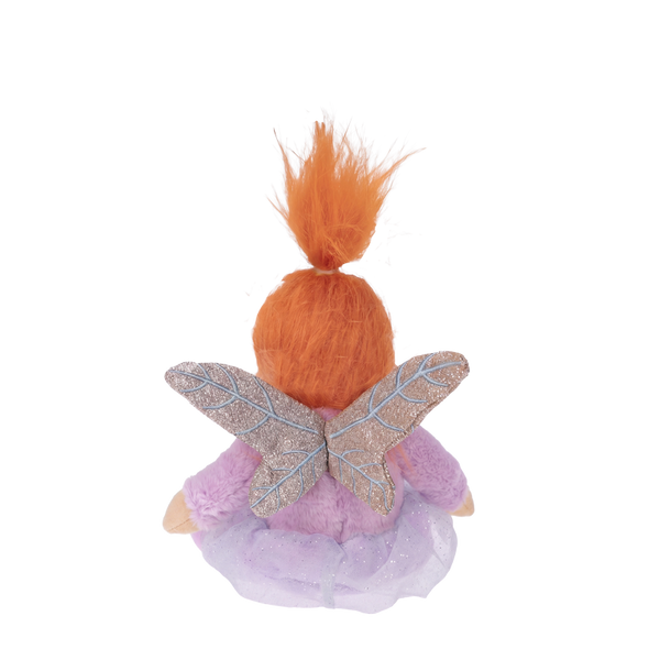 Small fairy figurine with orange hair and purple dress on a white background