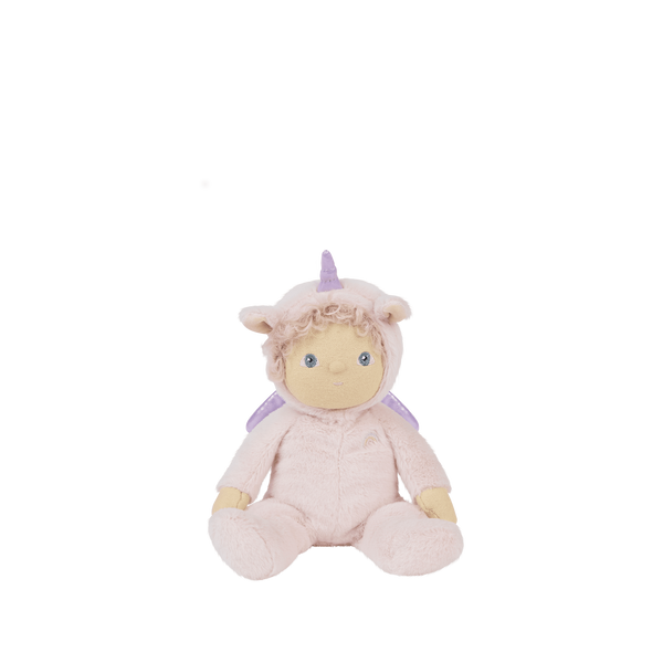 Pink plush unicorn doll with a soft cream face, curly mane, purple horn and wings, seated with outstretched legs from Dinky Dinkums by Olli Ella
