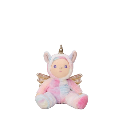Plush toy resembling a unicorn with pink and white colors on a white background