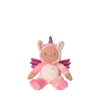 Plush toy baby doll in a pink unicorn costume on a white background