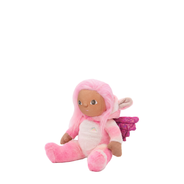 Plush toy with pink hair and wings on a white background
