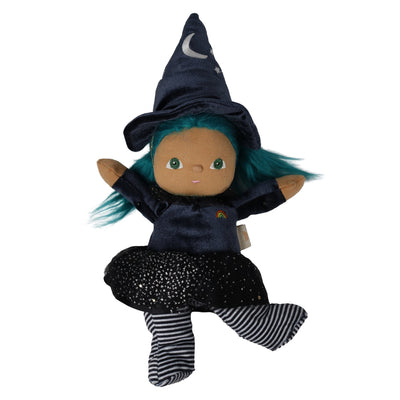 Dinky Dinkum Winnie Witch plush doll with teal hair, crescent moon hat, navy witch outfit, sparkly skirt, and striped legs by Dinkum Dolls by Olli Ella