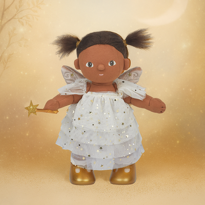 Fairy Freya Dinkum Doll by Dinkum Dolls wearing a white starry tutu dress and translucent wings, holding a golden star wand against a dreamy backdrop.
