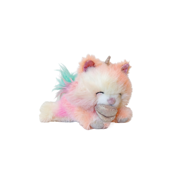 Plush toy unicorn with pastel colors on a white background
