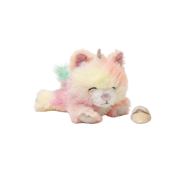 Plush toy cat with unicorn horn and rainbow fur on a white background