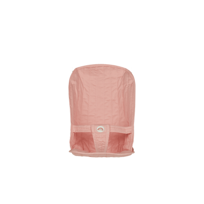 Rose pink replacement stroller seat for Sollie Strollers by Dinkum Dolls, shown from the front with quilted fabric, harness strap, and fastening button