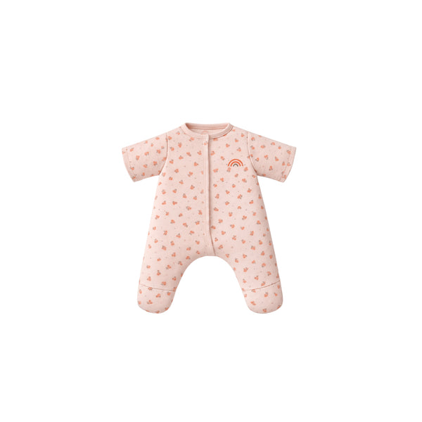 Pink baby snowsuit with rainbow design on a white background