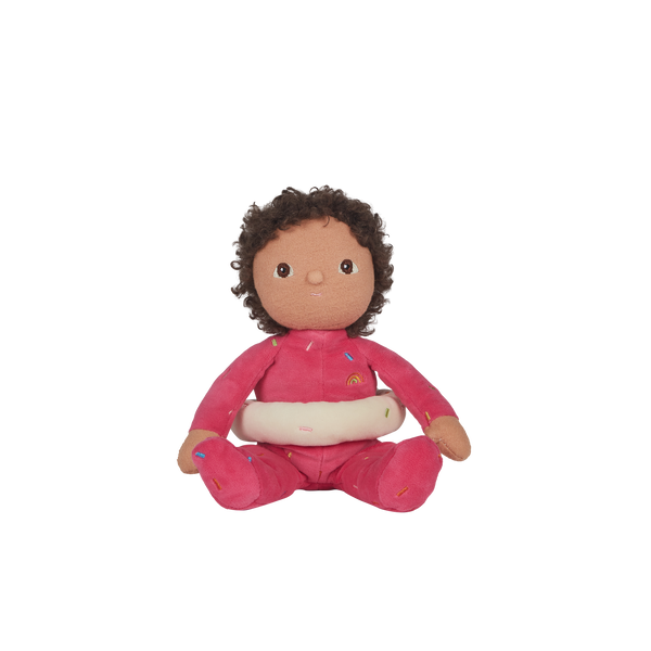 Sadie Sprinkles, our pink strawberry donut mini plush toy. Collectable, Soft and cuddly, and snuggled in a non-removable velvet onesie, Sadie Sprinkles is a must have in your toy collection.