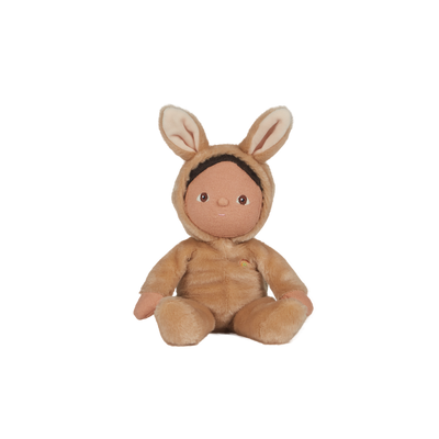 Dinky Dinkums Bucky Bunny plush doll in soft latte brown bunny suit with long ears seated facing forward for kids and Easter gifting