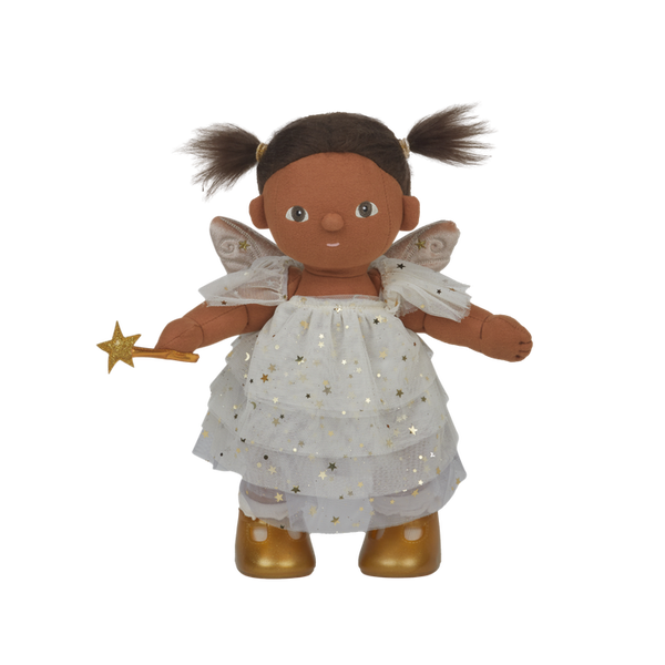 Fairy Freya Dream Dinkum Doll with brown pigtails, delicate wings, a starry white tutu dress, and golden star wand from Dinkum Dolls