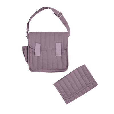 Lavender quilted doll changing bag with adjustable shoulder strap and matching changing mat from Dinkum Dolls for imaginative on-the-go play