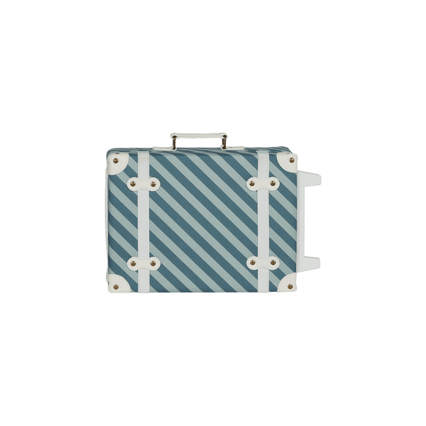 Stylish kids travel suitcase in blue striped design. Perfect for kids' travel, featuring a durable, lightweight build and eco-friendly materials. Made from recycled plastic bottles.