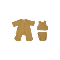 Dinkum Dolls honey pointelle pajama set for a doll, including a short-sleeve footed sleeper, sleeveless top, and matching briefs