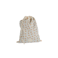 Cream cotton drawstring gift bag with colorful rainbow print and an Olli Ella label, shown closed against a plain background