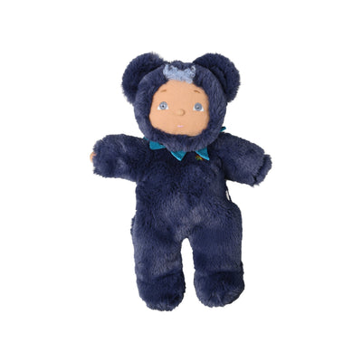 A plush teddy bear doll wearing a dark navy blue hooded outfit with a small light blue bow and matching bow tie, set against a plain white background.