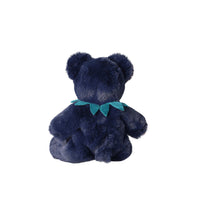 Back view of a soft blueberry blue bear plush doll with rounded ears and a teal leaf collar by Dinkum Dolls by Olli Ella