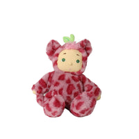 Plush pink and red cheetah print doll with green eyes, rosy hair, rounded ears, and a green leaf detail, from Dinkum Dolls by Olli Ella