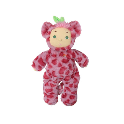 A plush doll dressed in a pink spotted onesie with a hood, green leaf on the head, and a pale beige face, centered on a plain white background.