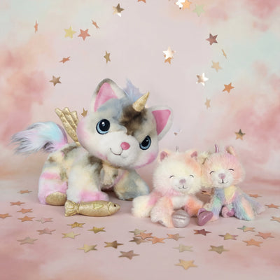 Two plush unicorn toys on a pink background with star decorations