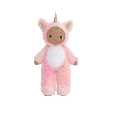 Plush toy in a pink unicorn costume on a white background
