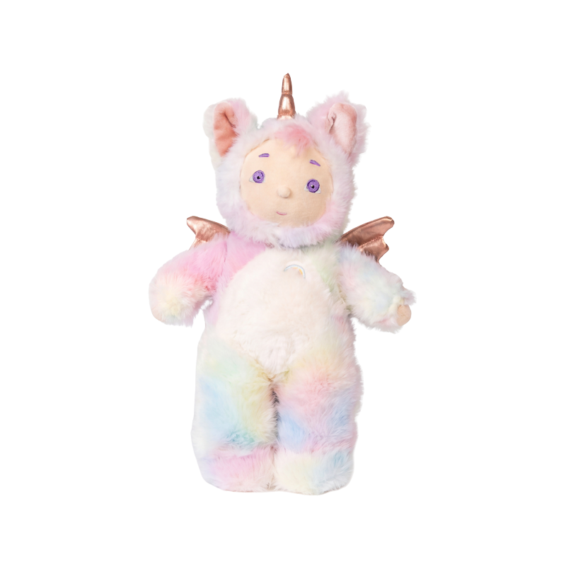 Pastel rainbow unicorn plush doll with a soft cream face, pink wings, and a golden horn from Cozy Day Dinkums for babies and children
