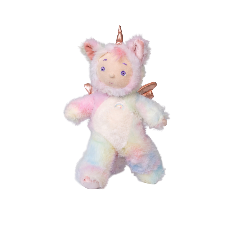 Cozy Day Dinkums pastel unicorn plush doll with soft rainbow fur, pink ears, a golden horn, wings, and a cuddly design for babies and kids