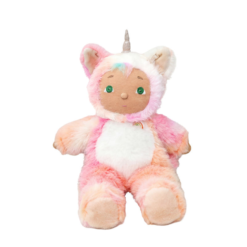 Pink and peach plush kittycorn doll with a soft white belly, green eyes, fuzzy ears, and a horn from Cozy Day Dinkums for cuddles and play.
