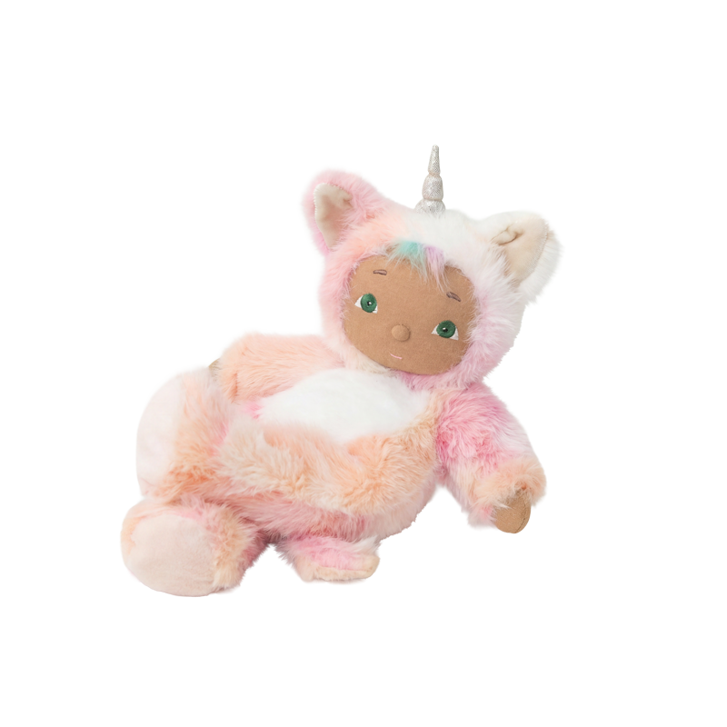 Cozy Day Dinkums Kittycorn Pompom plush toy with soft pink and white fur, a tan face, pastel mane, pointed horn, and embroidered green eyes.
