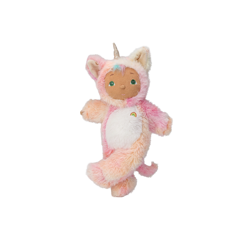 Pink and white plush kittycorn doll with a soft furry body, pointed ears, horn, rainbow belly detail, and curled tail from Cozy Day Dinkums
