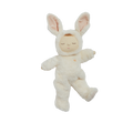 Cream fluffy bunny doll with long ears, pink inner ears, sleepy embroidered face, and tiny rainbow detail, a cuddly Dozy Dinkums toy for babies and children