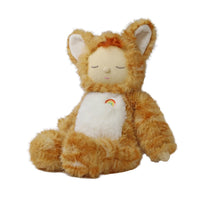 Seated orange and cream plush cat with closed eyes, soft furry ears and a rainbow detail on its tummy by Dinkum Dolls by Olli Ella