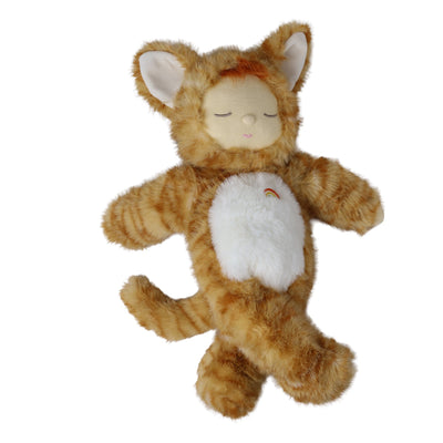 Cozy Dinkum Cat Jinx plush doll by Dinkum Dolls by Olli Ella, featuring soft ginger fur, a white belly, embroidered rainbow and floppy limbs