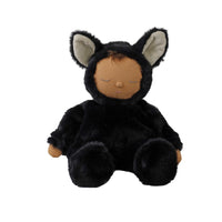 Black cat plush doll with soft fur, oversized ears and a sleepy embroidered face, Cozy Dinkum Cat Nox by Dinkum Dolls by Olli Ella