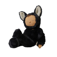 Black Cozy Dinkum cat plush doll with soft fur pointed ears embroidered face and seated pose by Dinkum Dolls by Olli Ella